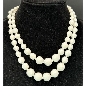 Vintage Hobe Faceted White Glass Graduated Double-Strand Beaded Necklace 18"